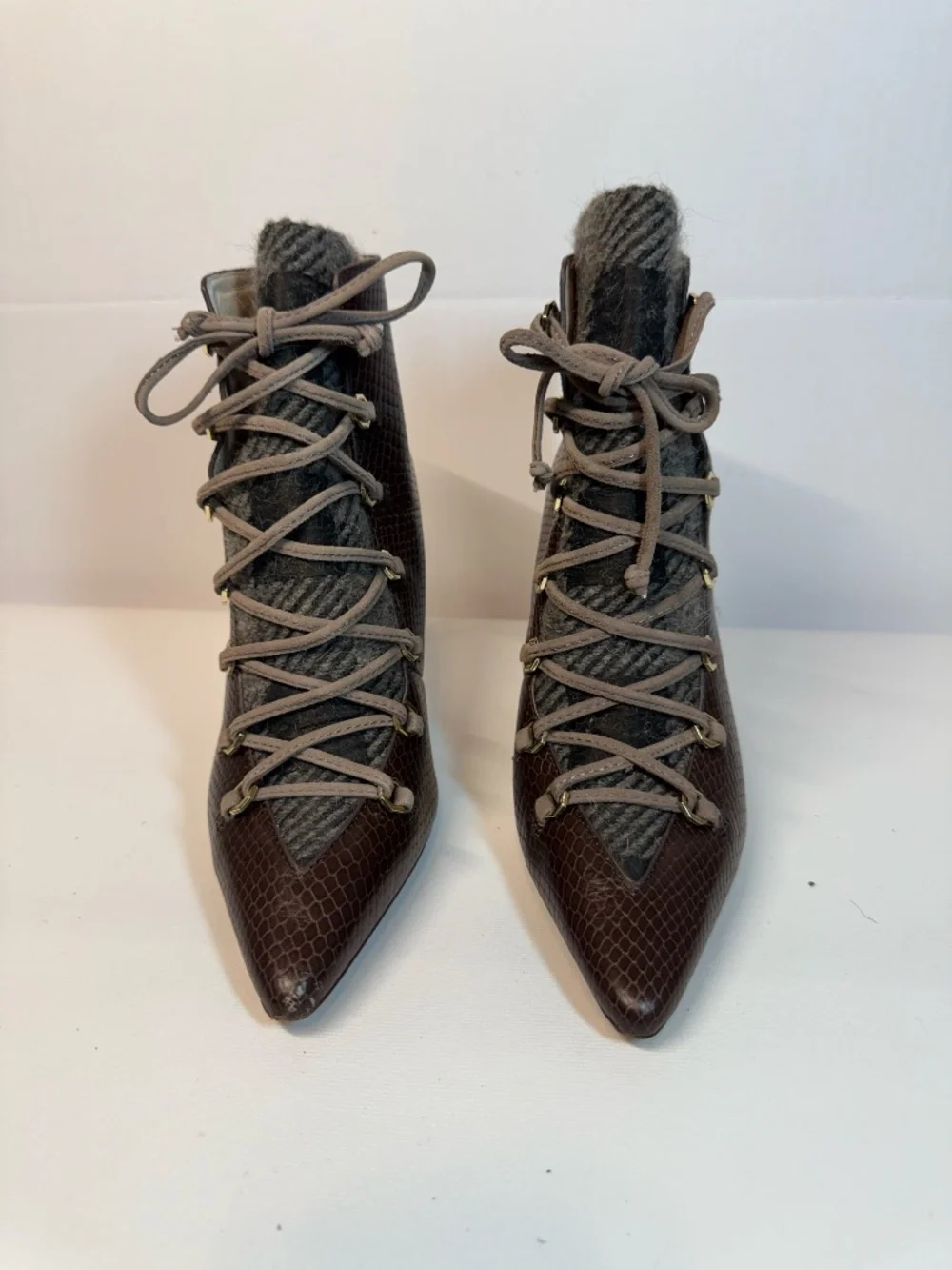 Louise et Cie Brown Reptile Lace Up Pointed Toe Wool Booties 6.5